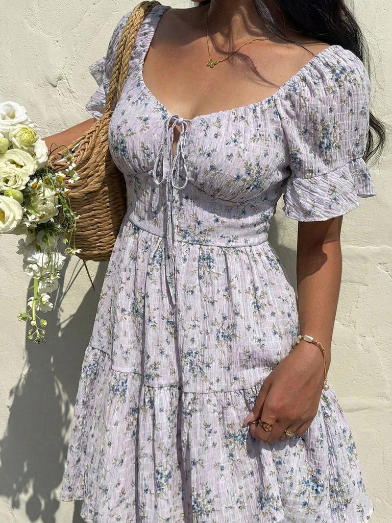 Robe Floral Col Carré Volant Années 1950 14