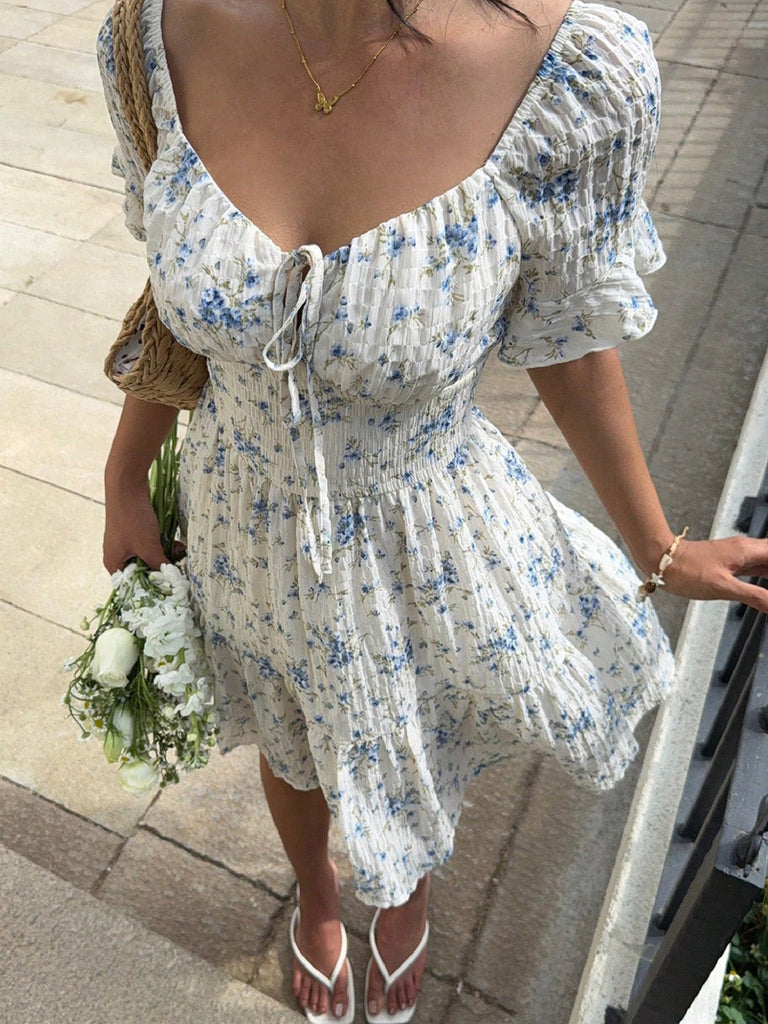 Robe Floral Col Carré Volant Années 1950 5
