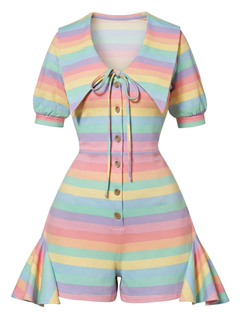 [Prévente] Combishort à Col Chelsea à Volants Rayures Arc-en-ciel Pastel Années 60