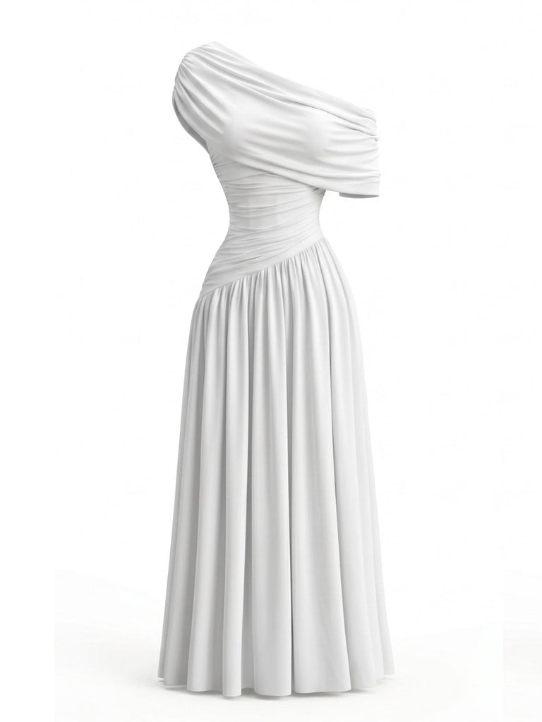 Robe Drapée Asymétrique Une Épaule Années 70