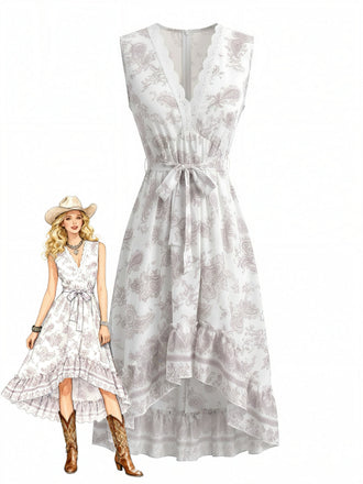 Robe Blanc Géométrique Imprimé Dentelle Col V Tunique Années 1970