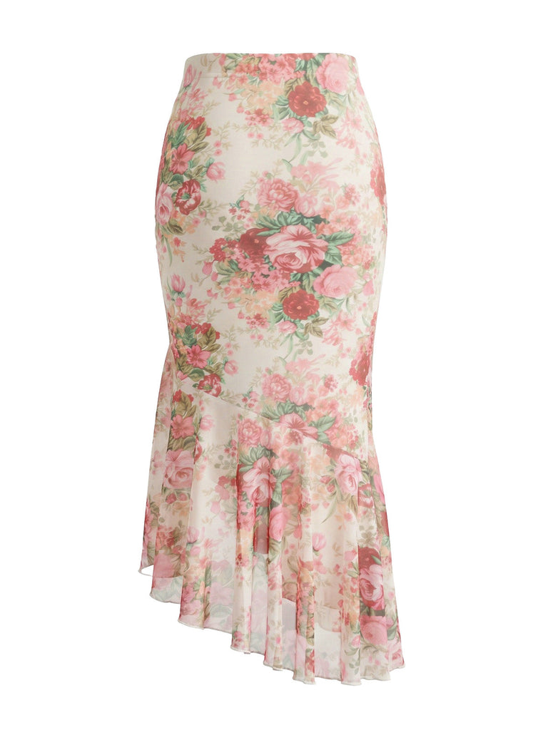 Jupe Asymétrique Floral Volant Mi-Longue Années 1970 3