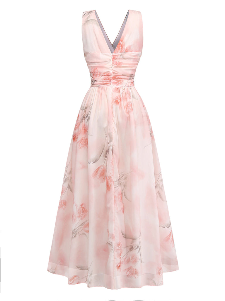 Robe Floral Portefeuille Longue Croisé V Col Rose Années 1950 2