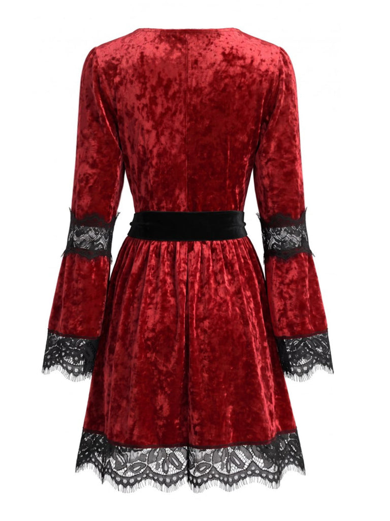 Robe Rouge Dentelle Trim Deep Col V Gothique Années 1970 3