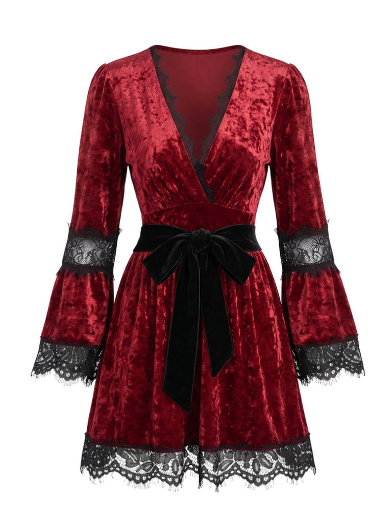 Robe Rouge Dentelle Trim Deep Col V Gothique Années 1970 2