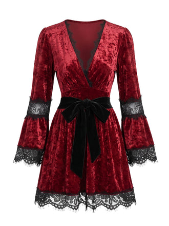 Robe Rouge Dentelle Trim Deep Col V Gothique Années 1970 2