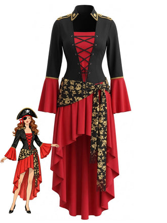 Robe Rouge et Noir Pirate Costume Lacé High Low Années 1940