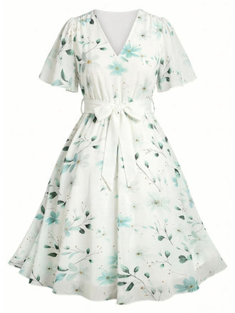 [Grande Taille] Robe Verte Floral Col V Mousseline Années 1950