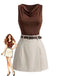 2PCS Haut Sans Manches Satin Col Tombant et Short Beige Années 1960
