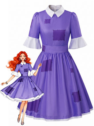 Robe Halloween Patchwork à Col Claudine Violet Années 1950