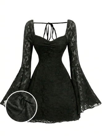 Robe Noir Dentelle Dos Nu Manches Évasées Années 1950
