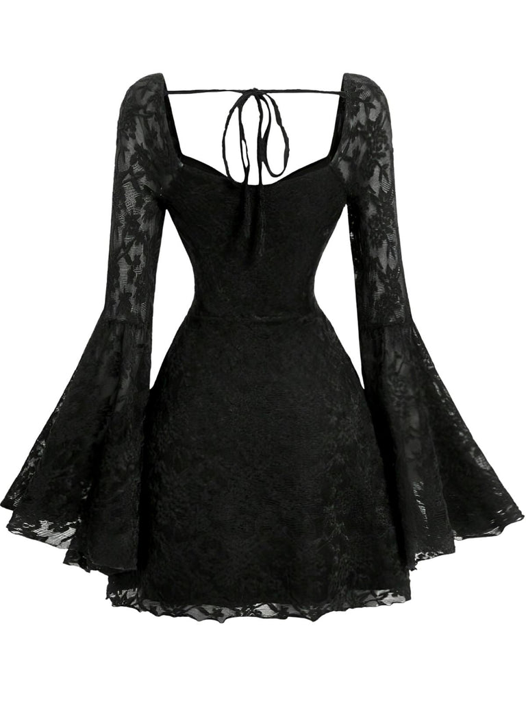 Robe Noir Dentelle Dos Nu Manches Évasées Années 1950 3
