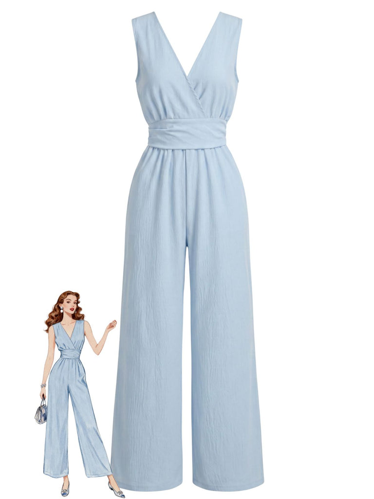Combinaison Col V à Jambes Larges sans Manches Bleue Années 40