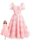 Robe encolure carrée manches bouffantes et broderie florale années 40