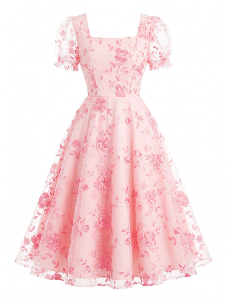 Robe Col Carré Manches Bouffantes Floral Broderie Années 1940 2