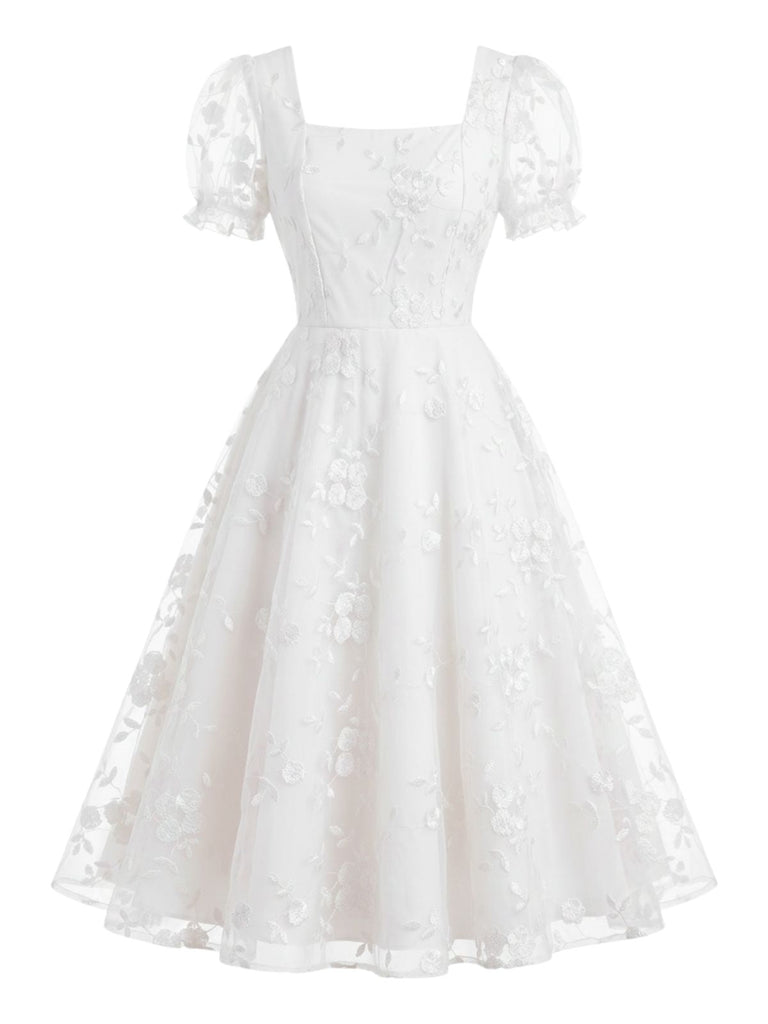 Robe Col Carré Manches Bouffantes Floral Broderie Années 1940 4