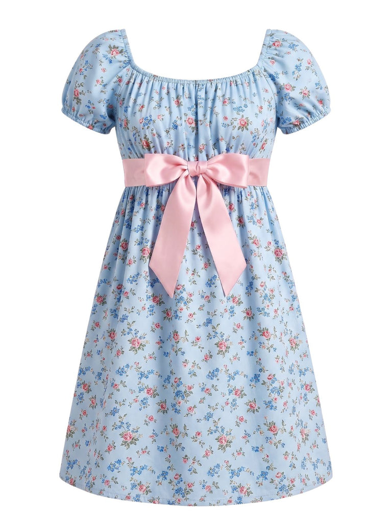 [Prévente] Robe Manches Bouffantes Nœud Satin Floral Bleu Clair Années 60