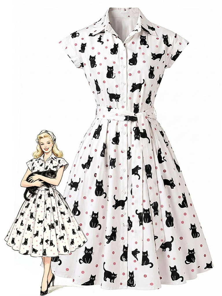 [Prévente] Robe chemisier cintrée motifs chats et pois années 1950