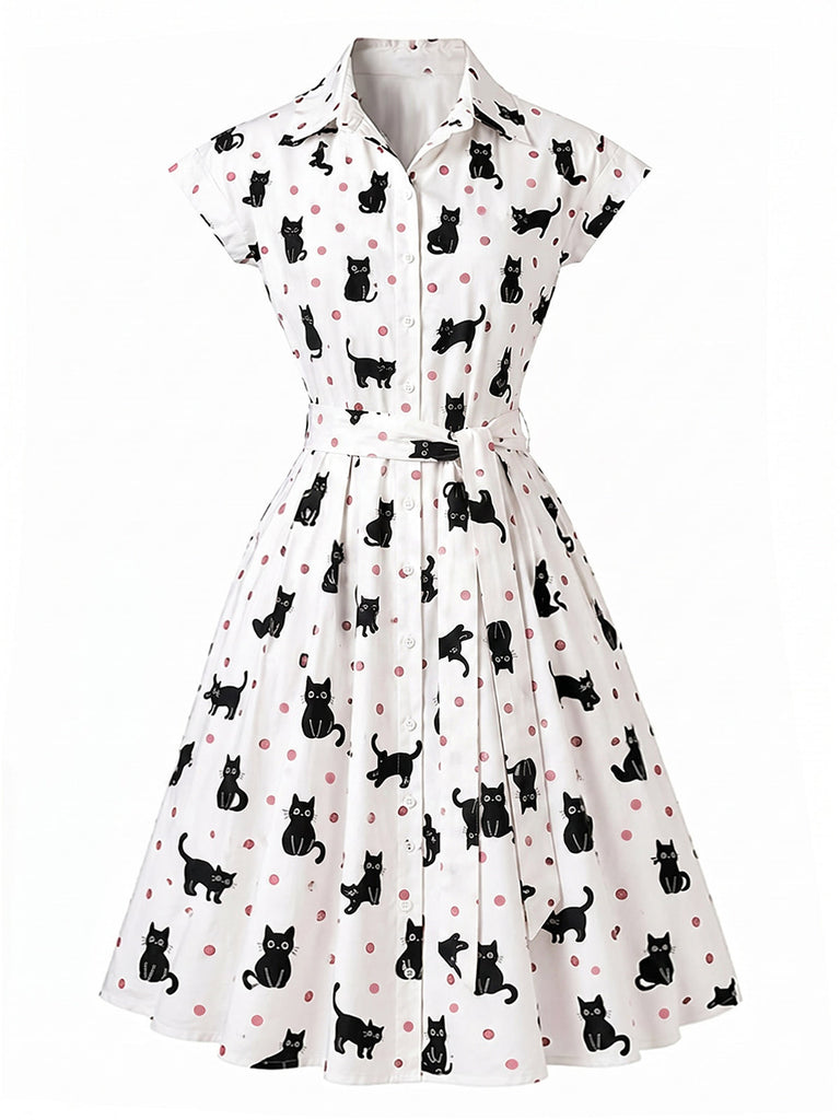 [Prévente] Robe Chat à Pois Ceinturé Chemise Années 1950 2