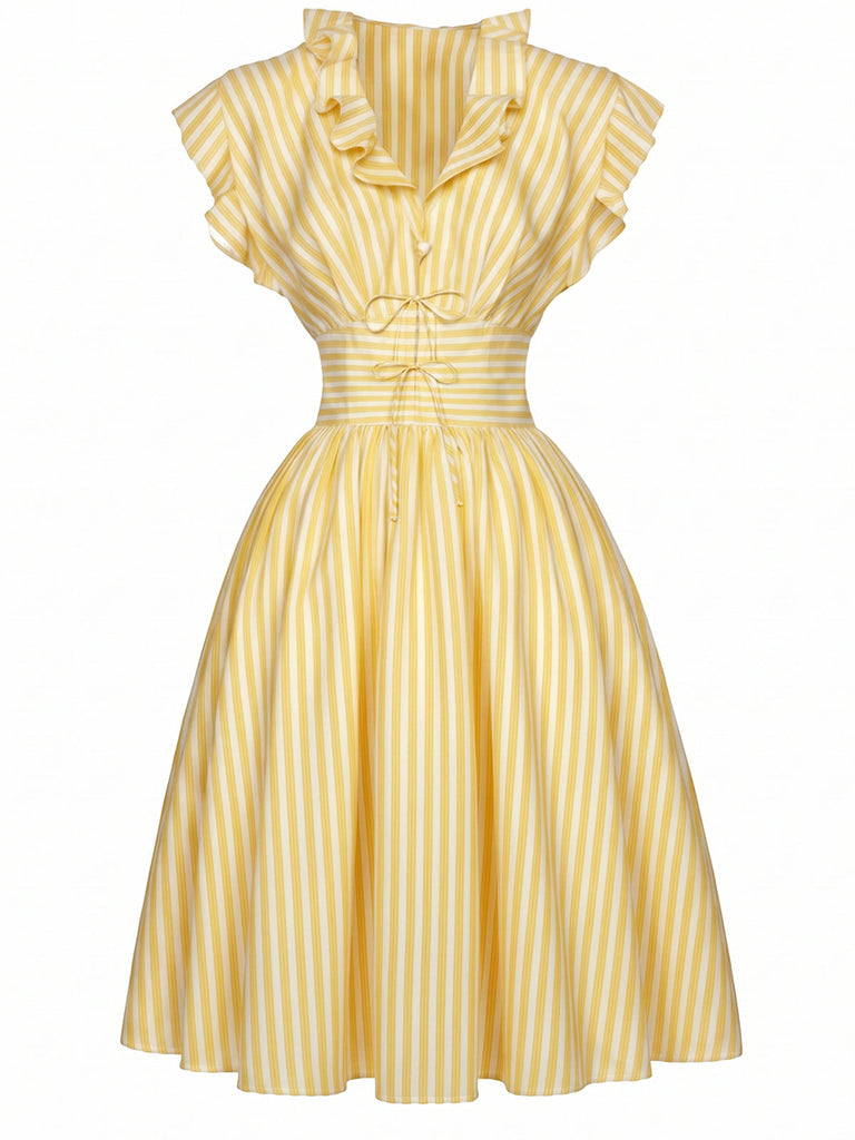 [Prévente] Robe Jaune Clair Rayé Volant Col Ceinture Nouée Années 1950 2