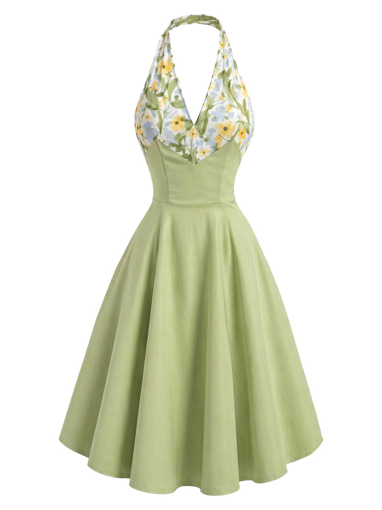 [Prévente] Robe Vert Floral Patchwork Col V Dos Nu Évasé Années 1950 2