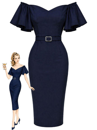 [Prévente] Robe crayon bleu marine à volants et épaules dénudées années 1960
