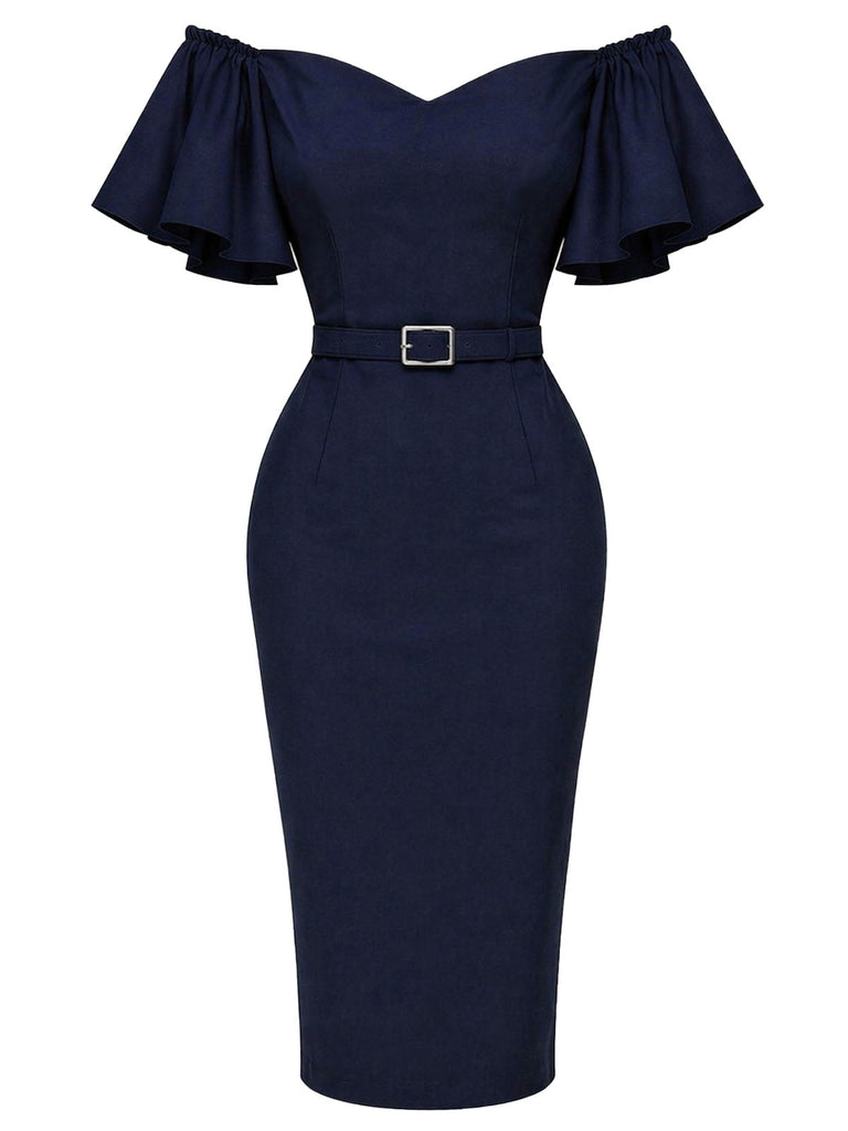[Prévente] Robe crayon bleu marine à volants et épaules dénudées années 1960