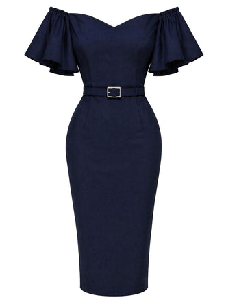 [Prévente] Robe crayon bleu marine à volants et épaules dénudées années 1960