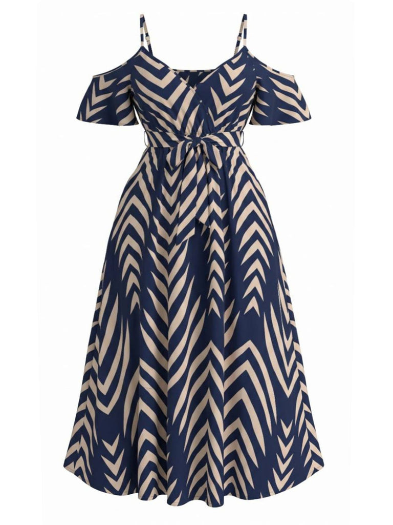 [Grande Taille] Grande Taille [] Marine Chevron Rayé Ceinture Nouée Épaules Ajourées Midi Années 1950 2