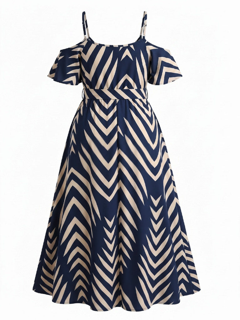 [Grande Taille] Grande Taille [] Marine Chevron Rayé Ceinture Nouée Épaules Ajourées Midi Années 1950 3
