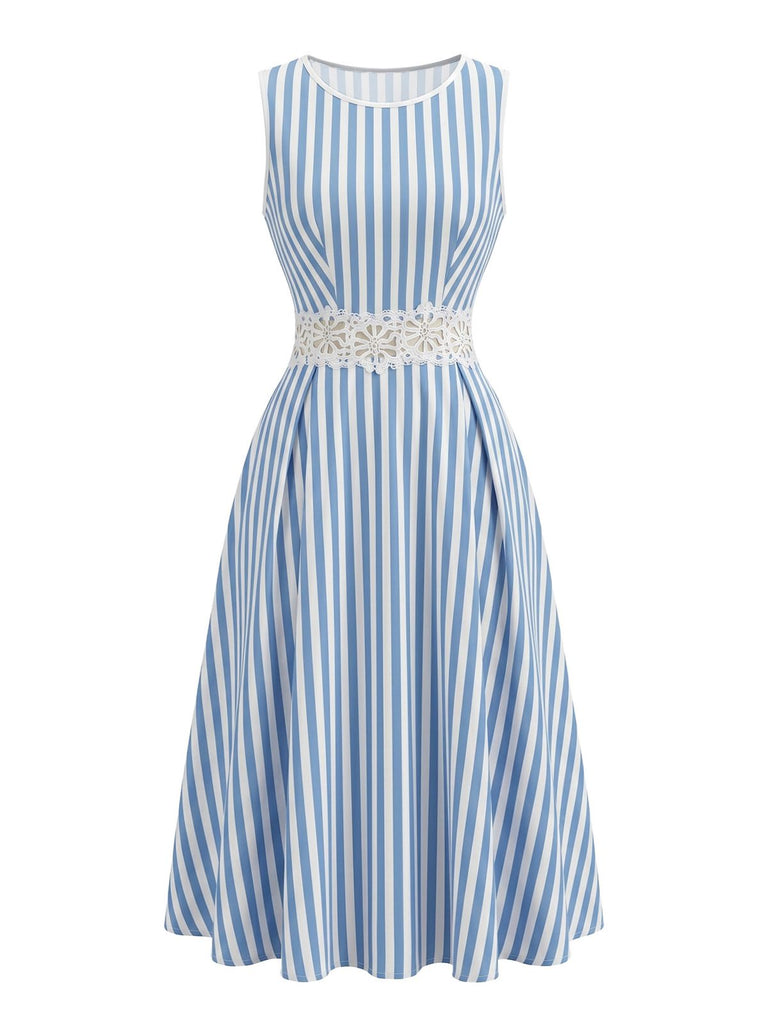Robe Bleu & Blanc Sans Manches Rayé Dentelle Taille Découpé Années 1950 2