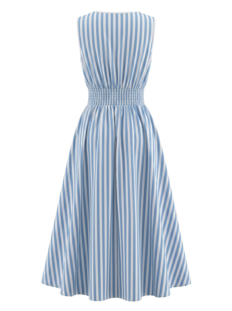 Robe Bleu & Blanc Sans Manches Rayé Dentelle Taille Découpé Années 1950 3