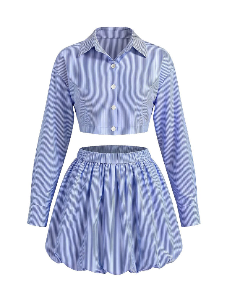 Ensemble Bleu Rayé Crop Chemise & Bubble Mini Années 1960 2