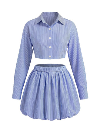 Ensemble Bleu Rayé Crop Chemise & Bubble Mini Années 1960 2