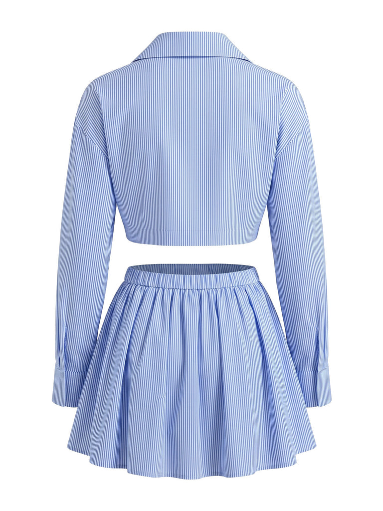 Ensemble Bleu Rayé Crop Chemise & Bubble Mini Années 1960 4