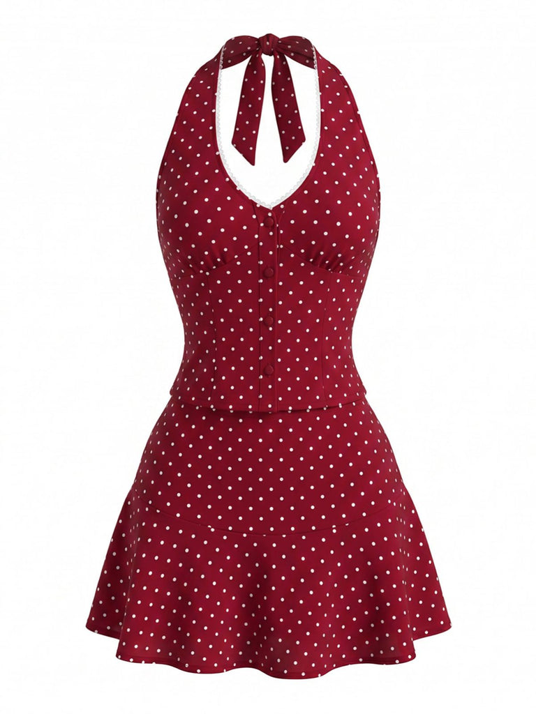 2PCS 2PCS à Pois Halter Mini Rouge Années 1960 2