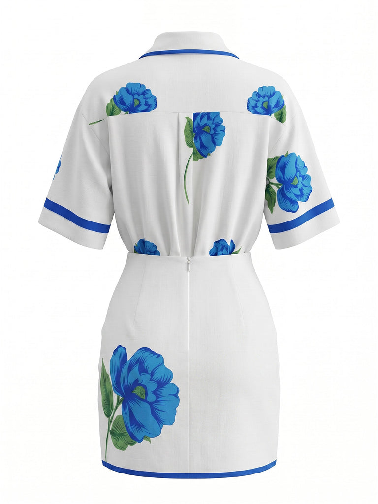 Ensemble Bleu Floral Imprimé Chemise & Mini Années 1960 3