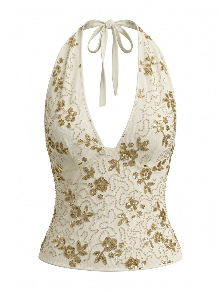 Tops Beige Dos Nu Paillettes Gainant Années 1960