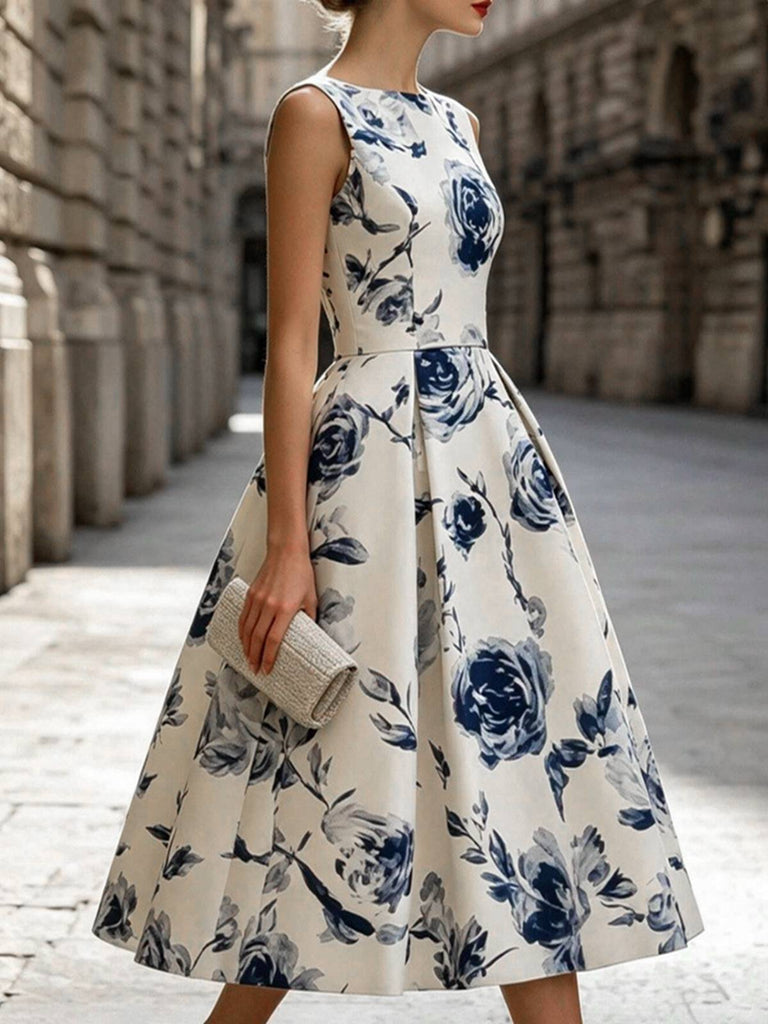 Robe sans manches motif roses et encolure ronde années 1950