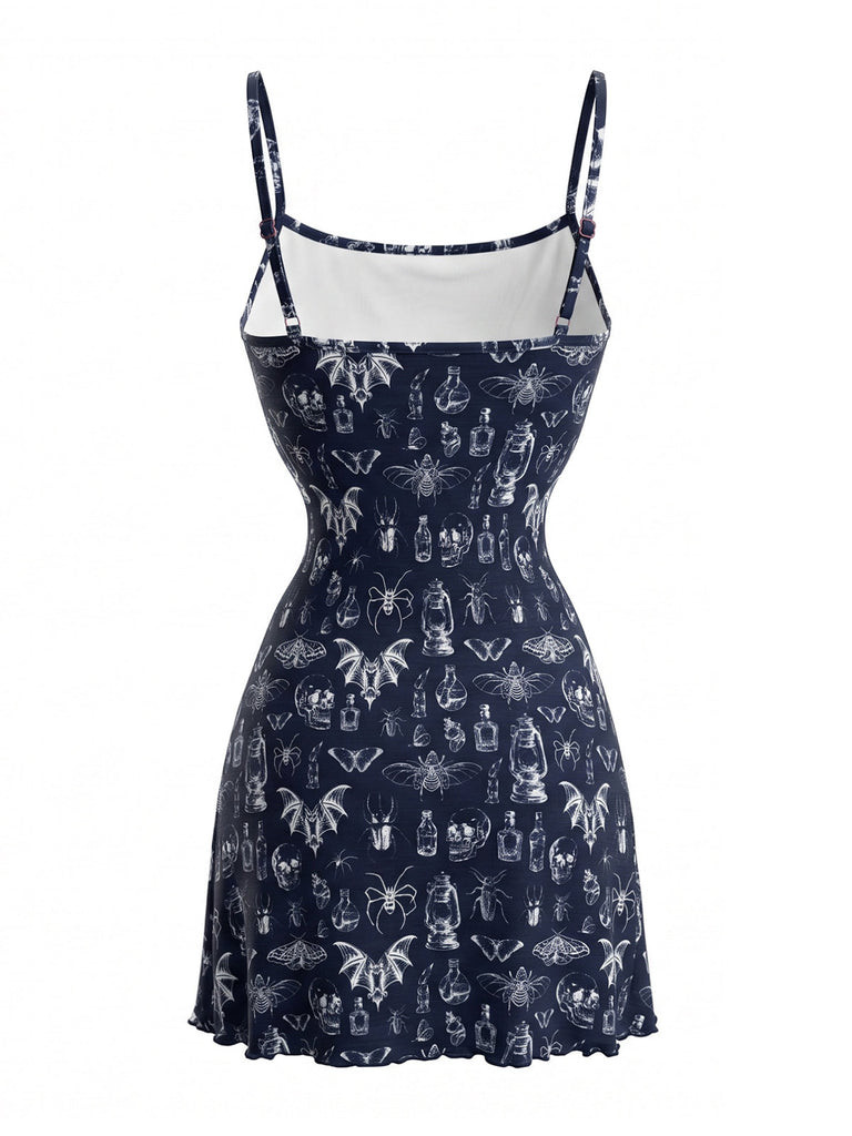 Robe courte Punk à fines bretelles et imprimé crânes et chauves-souris années 1980