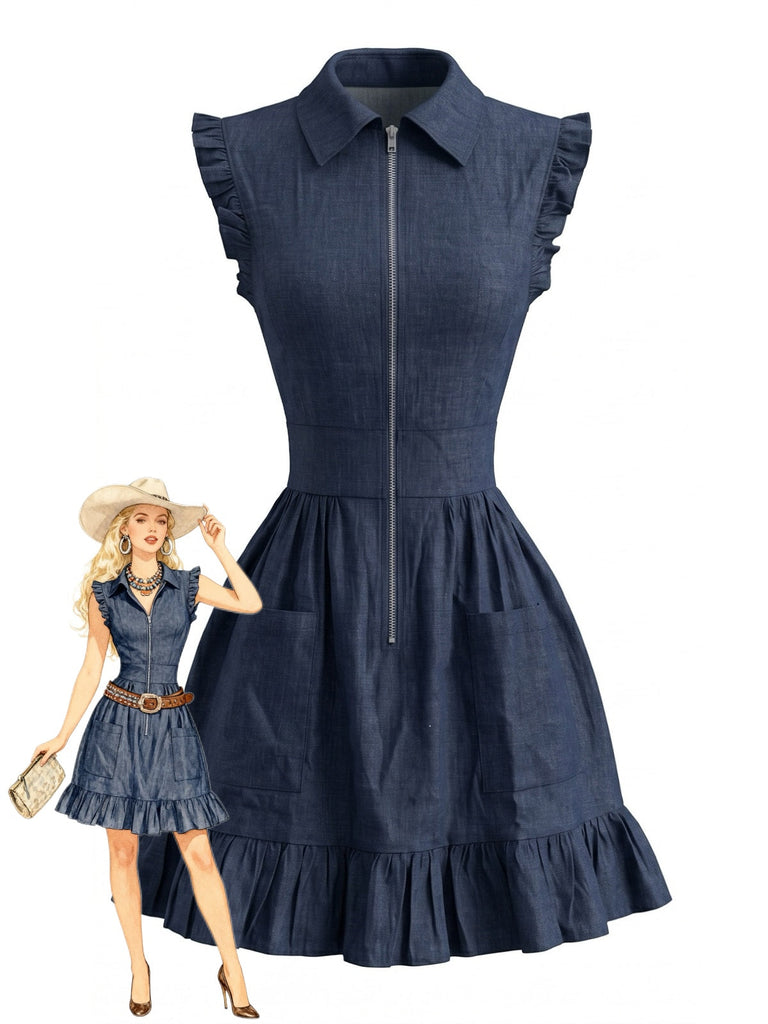 Robe Bleu Marine Denim Manches à Volants Zip Devant Ligne A Années 1980