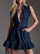 Robe Bleu Marine Denim Manches à Volants Zip Devant Ligne A Années 1980 4