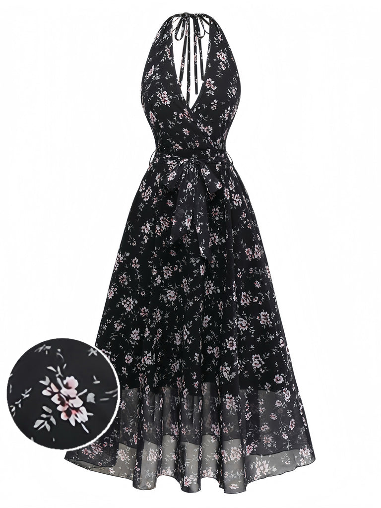 Robe Noir Floral Dos Nu Dos Nu Midi Années 1970