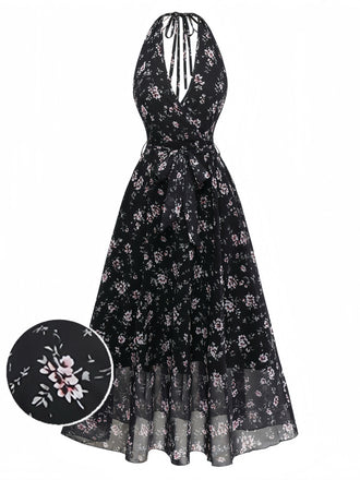 Robe Noir Floral Dos Nu Dos Nu Midi Années 1970