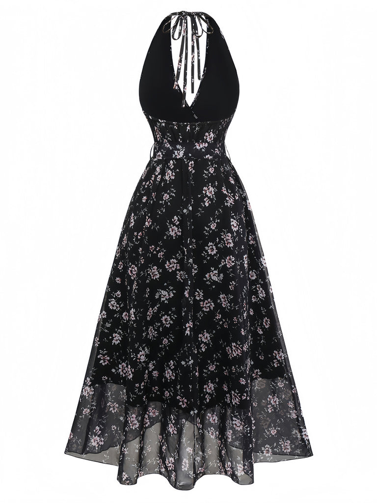 Robe Noir Floral Dos Nu Dos Nu Midi Années 1970 3