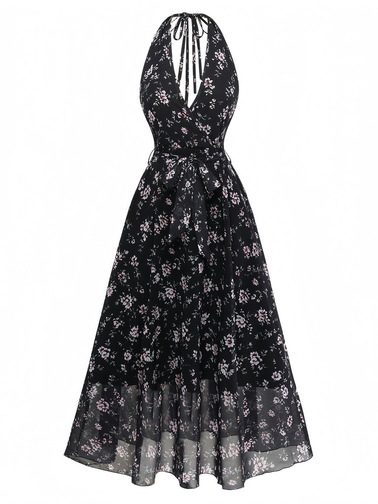 Robe Noir Floral Dos Nu Dos Nu Midi Années 1970 2