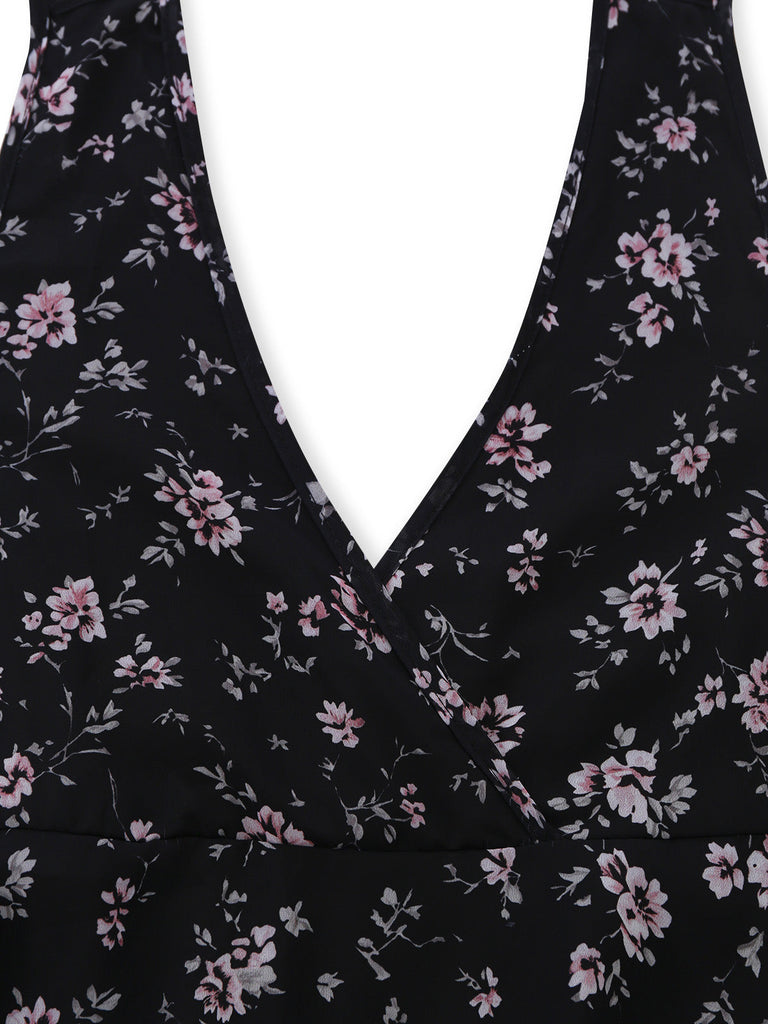 Robe Noir Floral Dos Nu Dos Nu Midi Années 1970 4