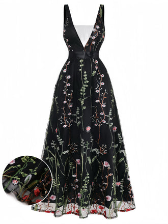 Robe Noir Col V Floral Brodé Tulle Long Années 1930