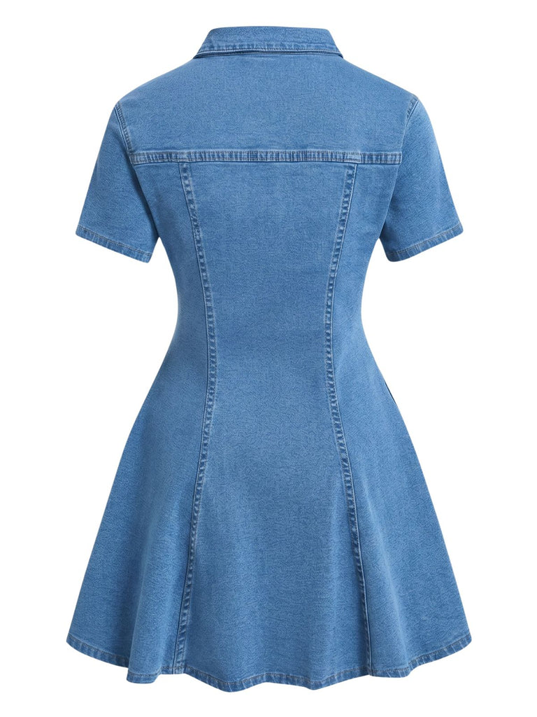 Robe Manches Courtes Boutonné Revers Denim & Bleu Années 1950 7