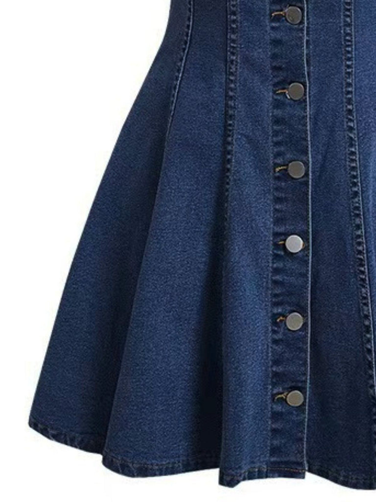 Robe Manches Courtes Boutonné Denim Bleu Années 1950